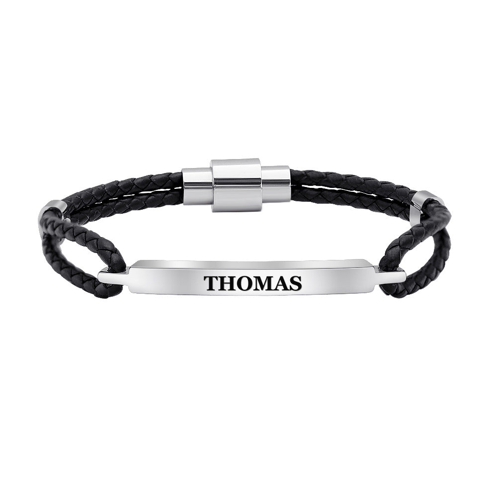 Men's Leather Bracelet – Engraved Stainless Steel with Magnetic Clasp