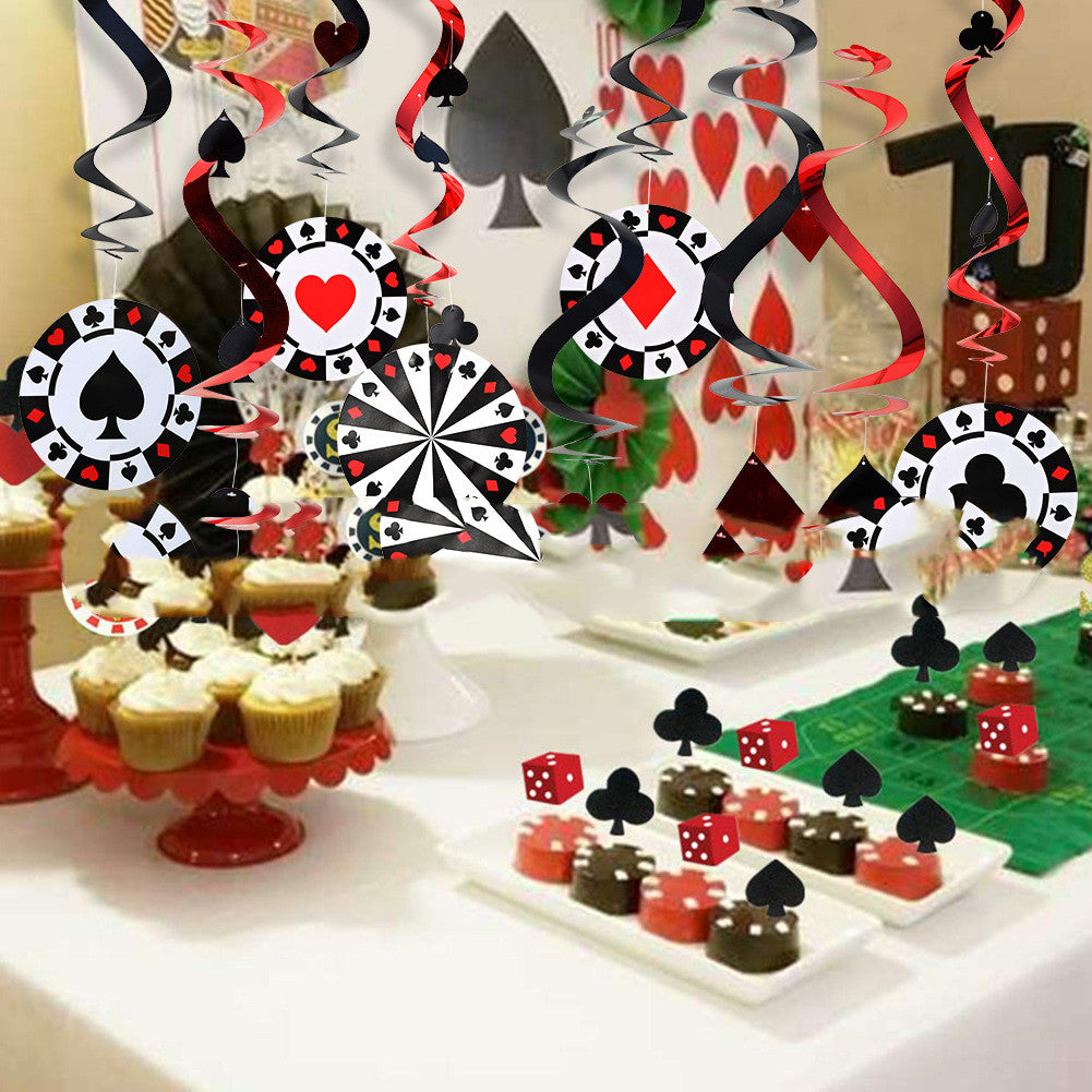 Casino Theme Party Decorations Hanging Swirl 9pc set Playing Card Poker Symbols Casino Hall Backdrop Decor