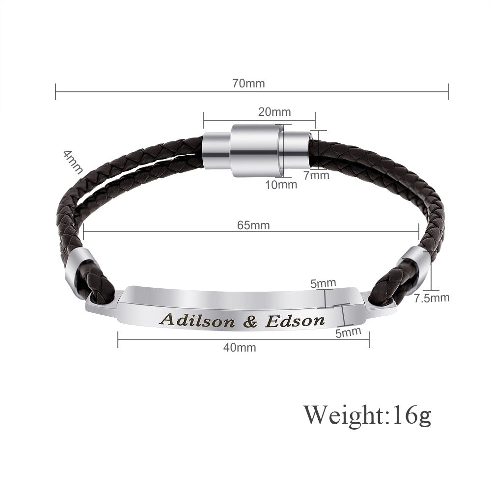 Men's Leather Bracelet – Engraved Stainless Steel with Magnetic Clasp