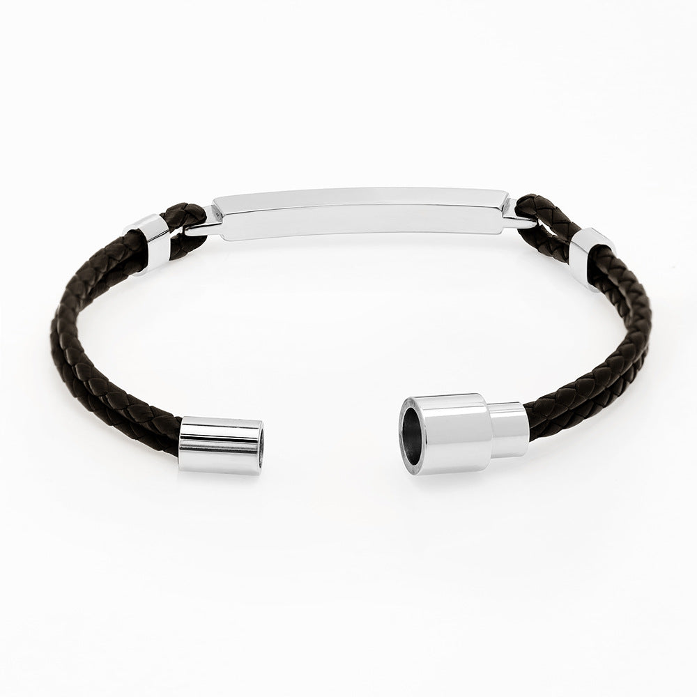 Men's Leather Bracelet – Engraved Stainless Steel with Magnetic Clasp
