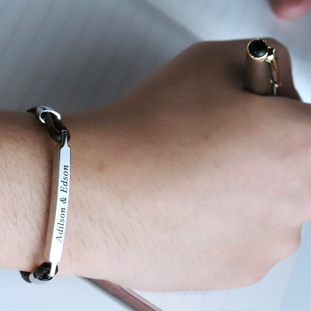Men's Leather Bracelet – Engraved Stainless Steel with Magnetic Clasp