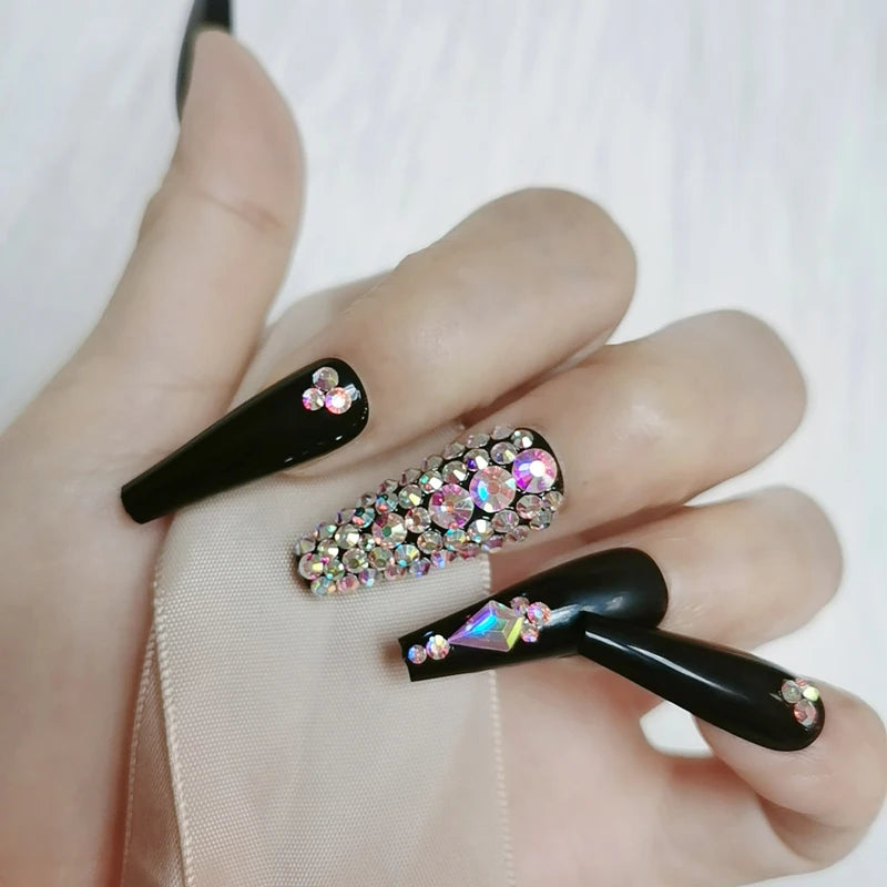 24pcs latest luxury jewelry ballet coffin fake nails crystal diamond black