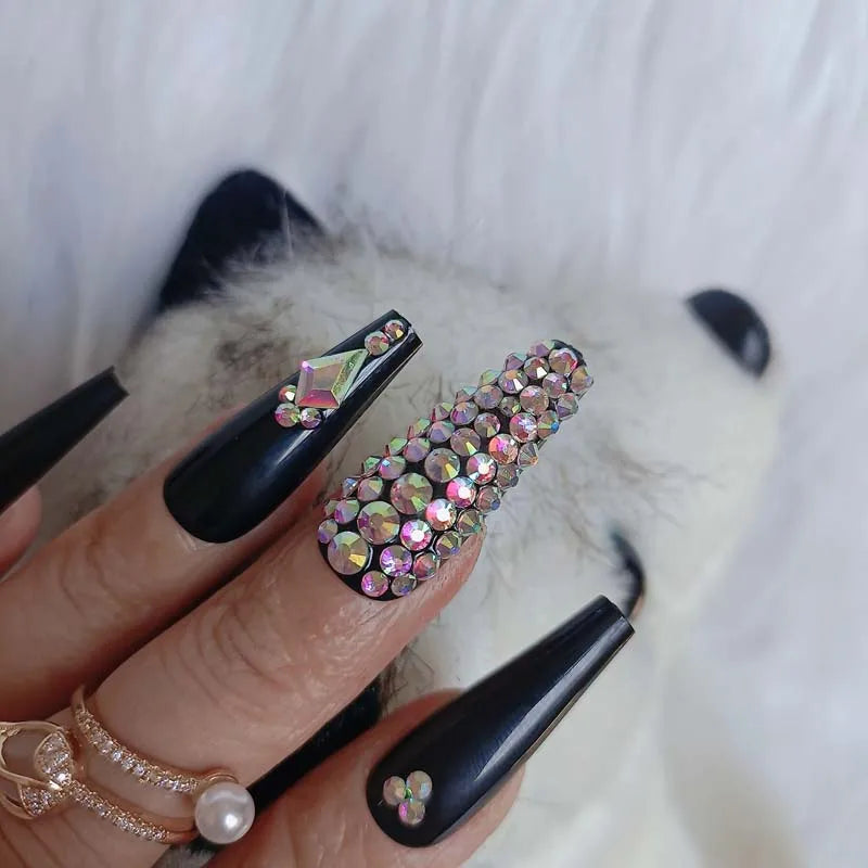 24pcs latest luxury jewelry ballet coffin fake nails crystal diamond black