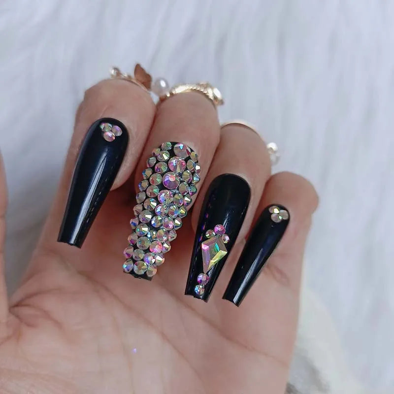 24pcs latest luxury jewelry ballet coffin fake nails crystal diamond black