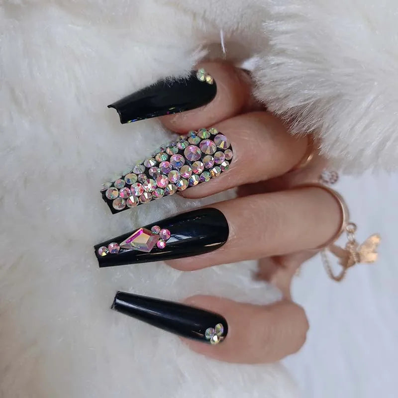 24pcs latest luxury jewelry ballet coffin fake nails crystal diamond black