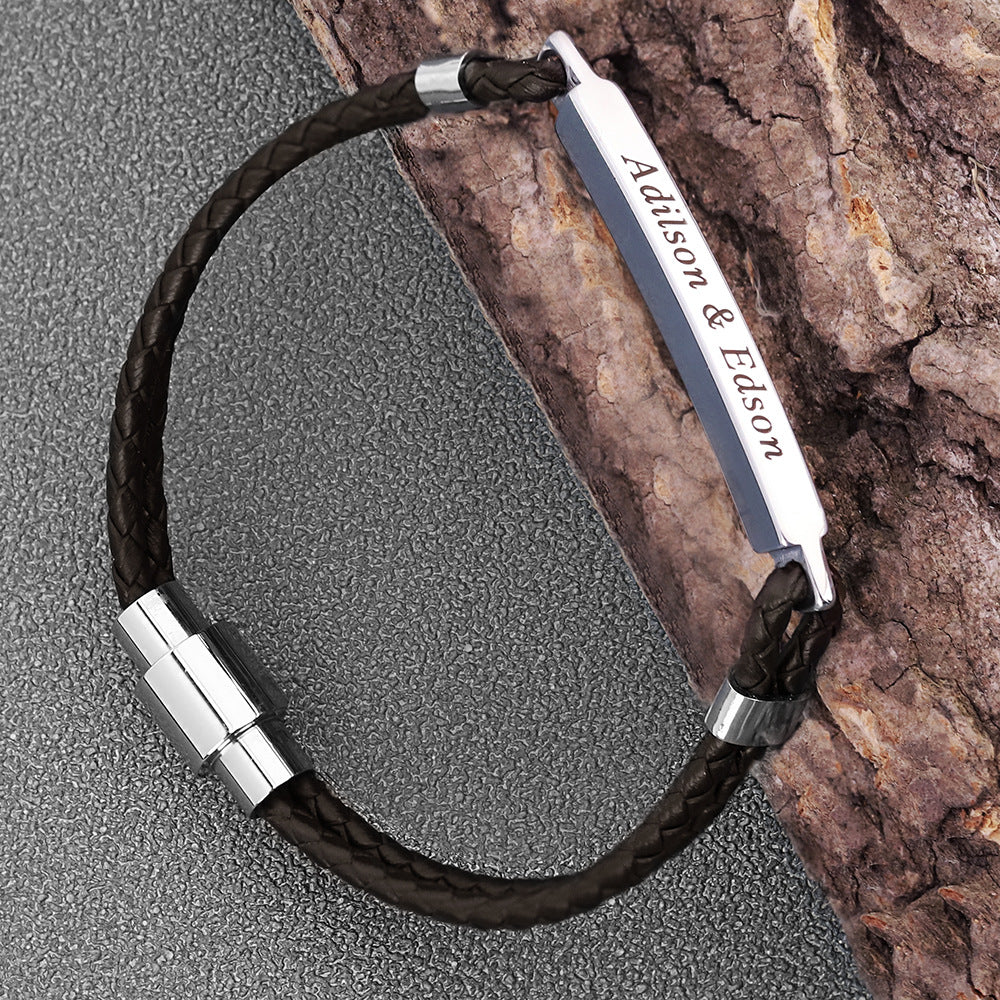 Men's Leather Bracelet – Engraved Stainless Steel with Magnetic Clasp