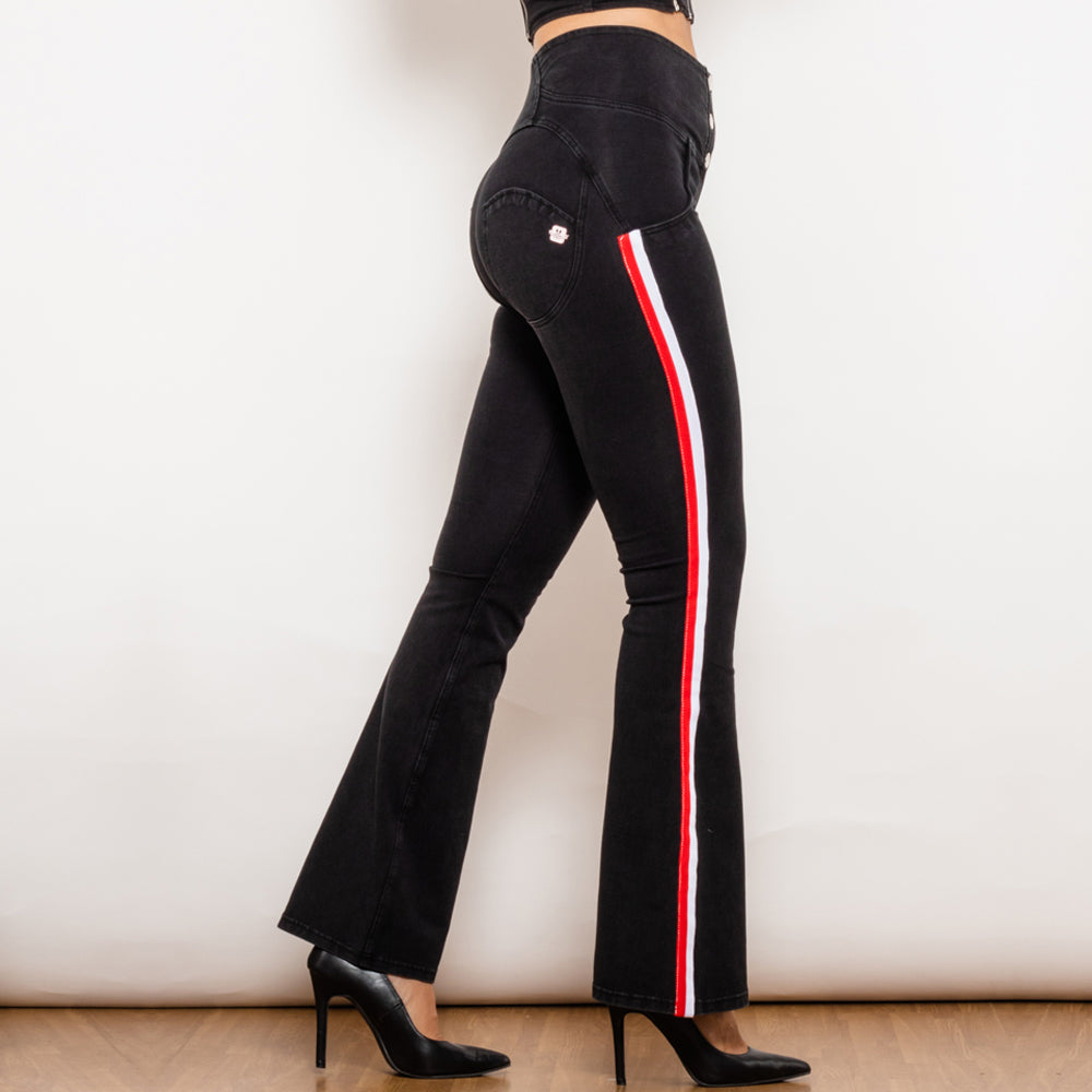 Shascullfites Melody Black Striped Flared Lift Jeggings Button Up Jeans Shaping Jeans Women High Waist Flare Jeans