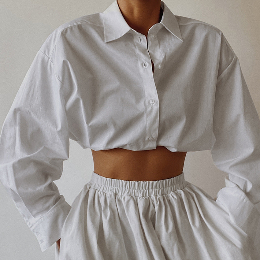 Women's White Lapel Long-Sleeved Shirt
