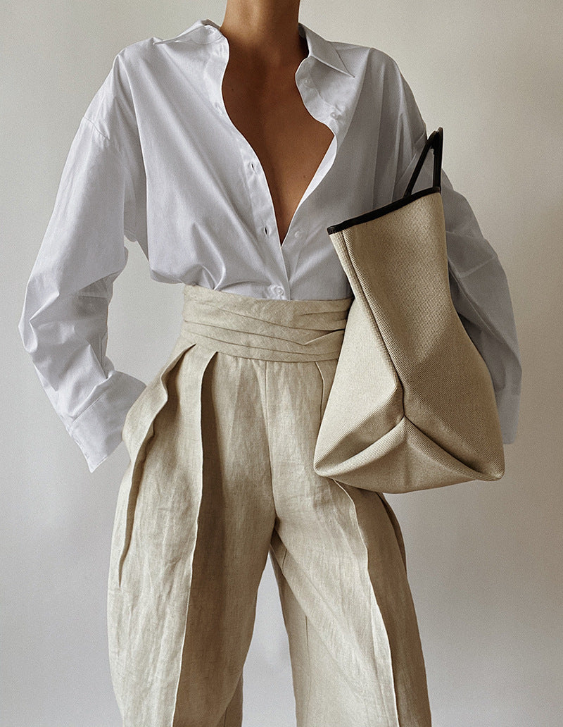 Women's White Lapel Long-Sleeved Shirt