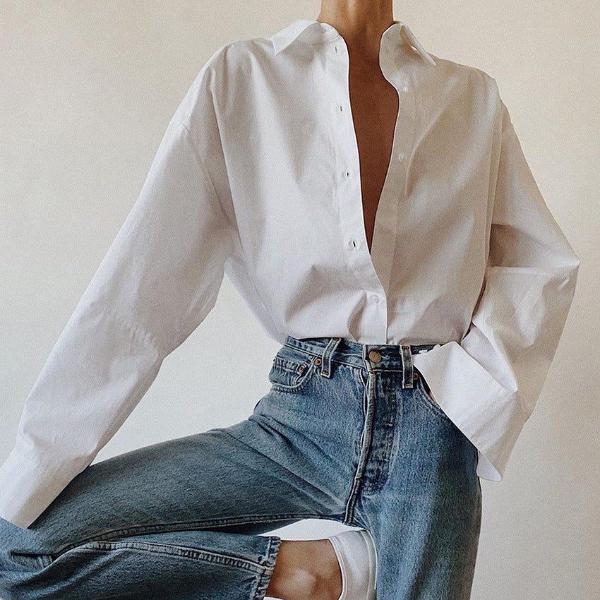 Women's White Lapel Long-Sleeved Shirt