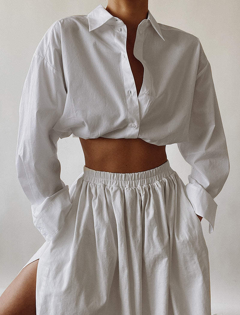 Women's White Lapel Long-Sleeved Shirt