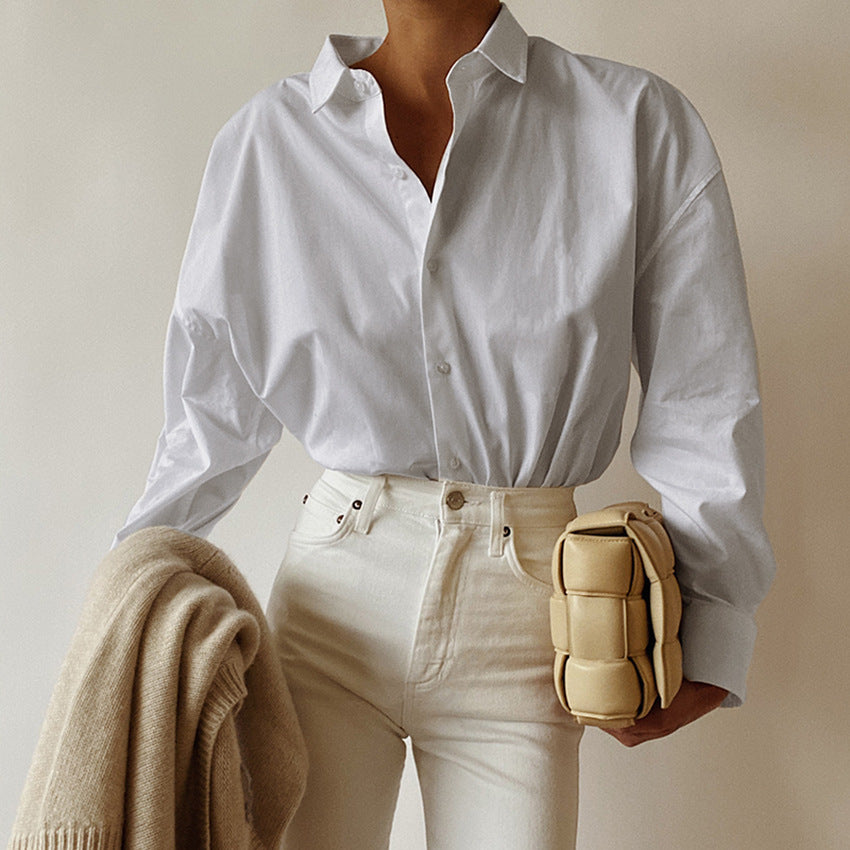 Women's White Lapel Long-Sleeved Shirt