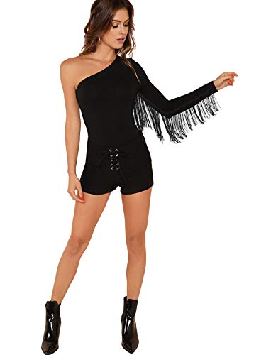 Verdusa Fringe Trim One Shoulder Thong Bodysuit