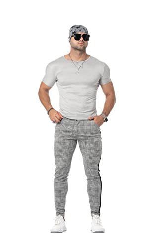 Mens Plaid Pants Slim Tapered Fit Casual Stretch Flat-Front Expandable Waist Checkered Dress Pants (Black Tape Side, XXLarge)