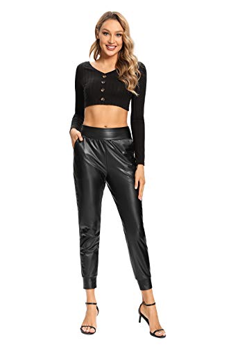 Faux Leather Elastic Waist Trousers