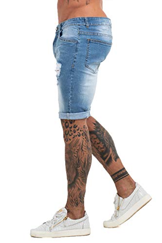 GINGTTO Men Short Denim Jeans Pants Slim Fit Ripped Shorts for Men Light Blue 34