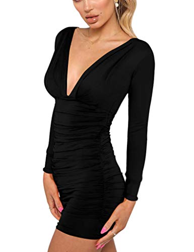 Long Sleeve V-Neck Ruched Mini Dress