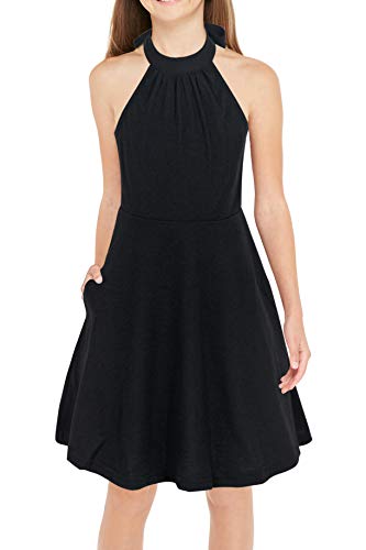 Girls' Halter Neck Summer Sundress with Pockets (Black, 11-12Y)