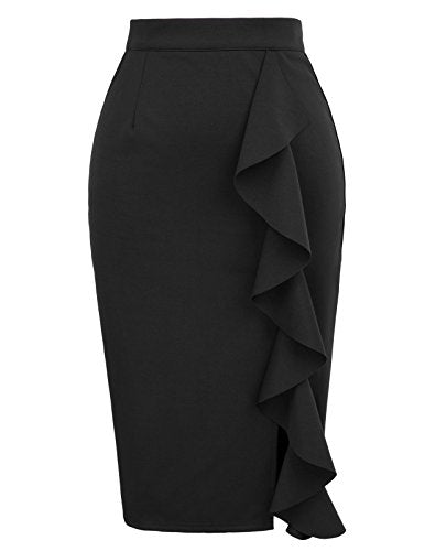 Solid Midi Pencil Skirt for Office (Black, L)