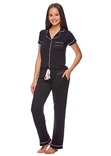 bebe Women's Black Short Sleeve Shirt and Pajama Pants Set, Large