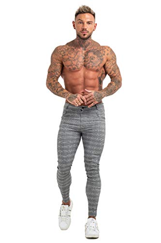 GINGTTO Mens Chinos Pants Skinny Fit Dress Pants Grey Plaid Twill Pants for Men 34