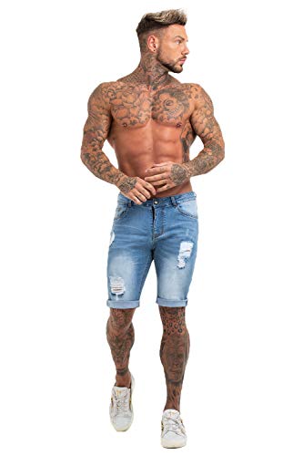 GINGTTO Men Short Denim Jeans Pants Slim Fit Ripped Shorts for Men Light Blue 34