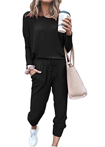 Women's Black Sweatsuit with Crewneck Top and Long Pants
