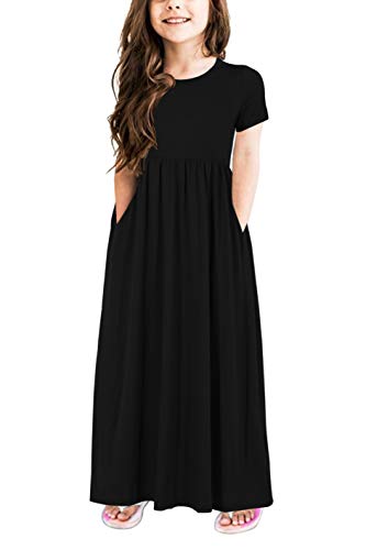 Girls' Short Sleeve Floral Print Maxi Dress with Pockets (Black, 11-12Y)