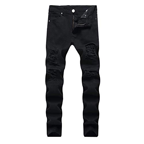 LONGBIDA Mens Skinny Holes Ripped Straight Hip Hop Biker Stretchy Jeans（Black,32）