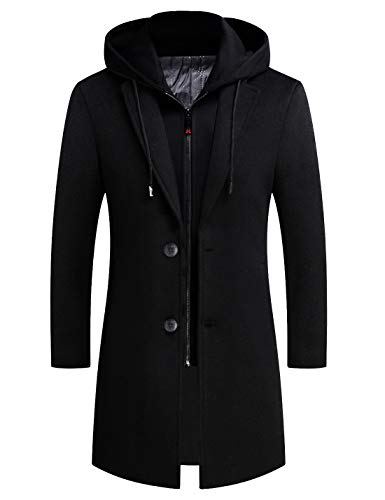 zeetoo Men's Wool Trench Coat Winter Slim Fit Wool Jacket Long Peacoat Hooded Overcoat Plus Cotton Medium