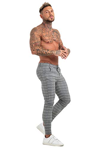 GINGTTO Mens Chinos Pants Skinny Fit Dress Pants Grey Plaid Twill Pants for Men 34