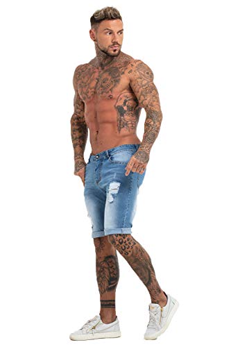 GINGTTO Men Short Denim Jeans Pants Slim Fit Ripped Shorts for Men Light Blue 34
