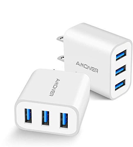 Amoner Upgraded 3-Port USB Wall Charger for iPhone, iPad, and More - 2Pack