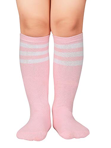Knee High Cotton Sport Soccer Socks with Three Stripes for Boys and Girls (Pink/White, One Size)