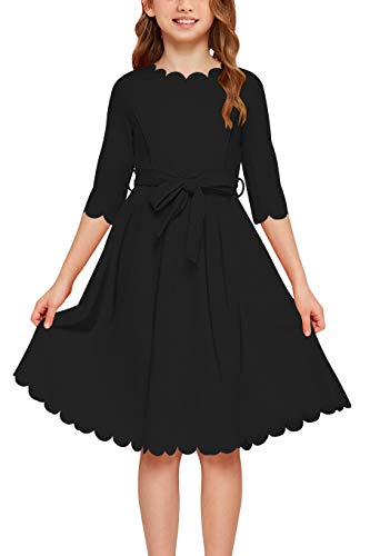 Girls' Scalloped Edge A-Line Dress with Belt and Pockets (Black, 4-14T)