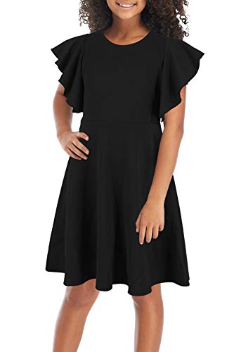 Girls' Flutter Sleeve A-Line Party Dress with Pockets (Black, 4-12Y)