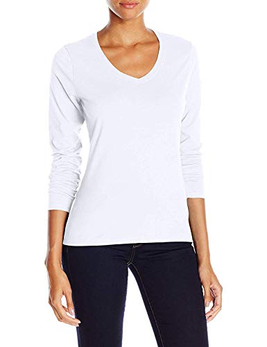 Hanes Women's Long Sleeve V-Neck Tee in White