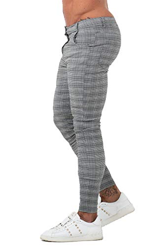GINGTTO Mens Chinos Pants Skinny Fit Dress Pants Grey Plaid Twill Pants for Men 34