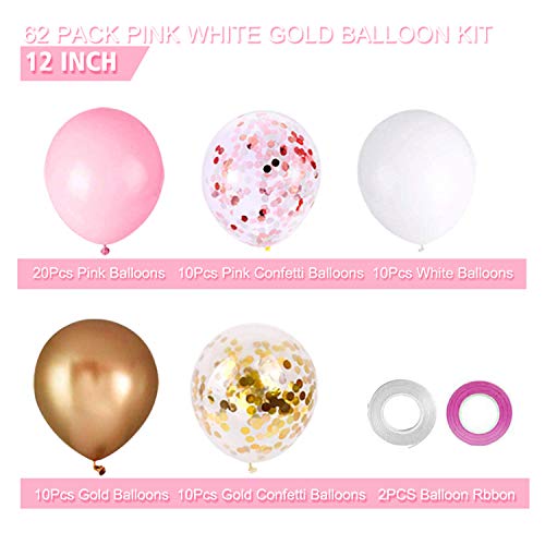 62Pcs Pink Gold Confetti Latex Balloons Kit, 12 Inch Pink White Gold Helium Balloons Party Supplies for Confession Proposal Wedding Girl Birthday Baby Shower Party Decoration