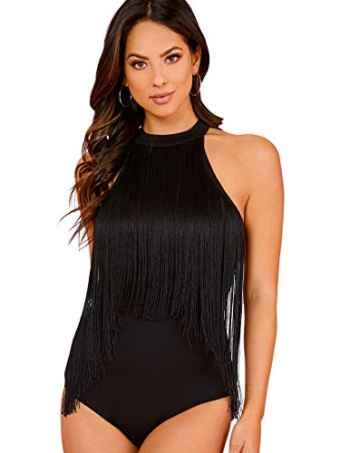 Verdusa Fringe Trim Halter Bodysuit