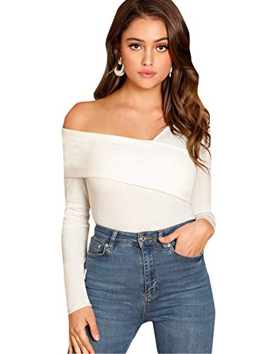 Slim Ribbed Knit Asymmetrical Neck Tee for Women