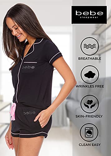 bebe Women's Black Button Down Pajama Set, Large