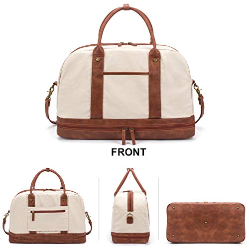 Weekender Bag for Women Canvas Overnight Bag Large Travel Bags for Women Carry on Shoulder Duffle Bag With Shoe Compartment,Perfect for Travel/Daily Use/Birthday Gift (Beige)