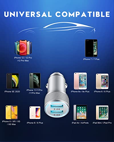 TIKALONG Car Charger with 2-Port USB and 2 Charging Cables for iPhone/iPad