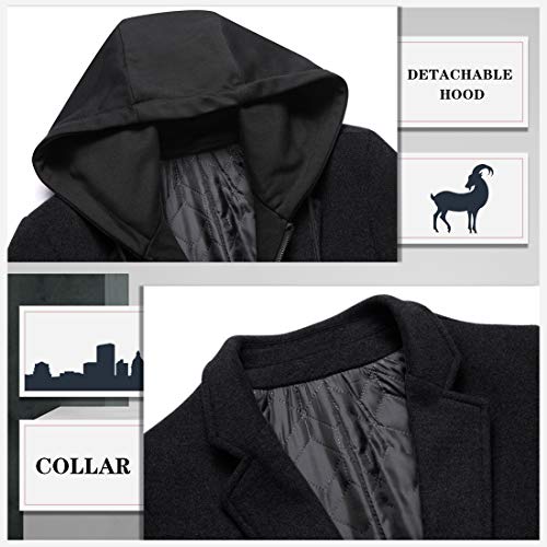 zeetoo Men's Wool Trench Coat Winter Slim Fit Wool Jacket Long Peacoat Hooded Overcoat Plus Cotton Medium