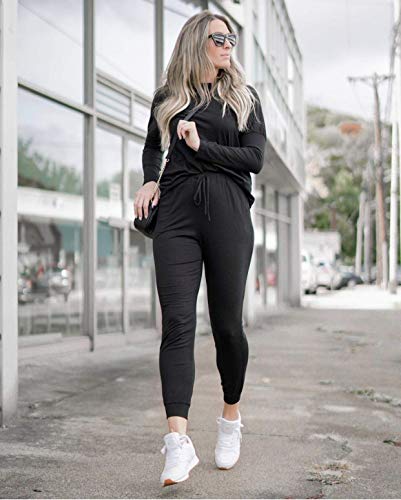 Women's Black Sweatsuit with Crewneck Top and Long Pants