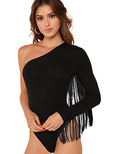 Verdusa Fringe Trim One Shoulder Thong Bodysuit