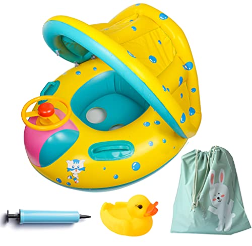 Inflatable Baby Float Swimming Ring with Sun Canopy, Inflator Pump & Waterproof Travel Bag