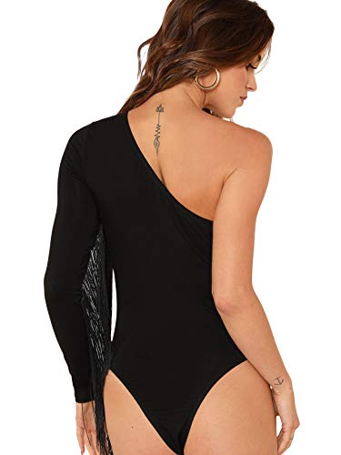 Verdusa Fringe Trim One Shoulder Thong Bodysuit