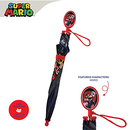 Nintendo Regular Kids Umbrella for Boys, Mario and Luigi Children's Rainwear, for Ages 3-8, Grey/Blue, Age 3-6